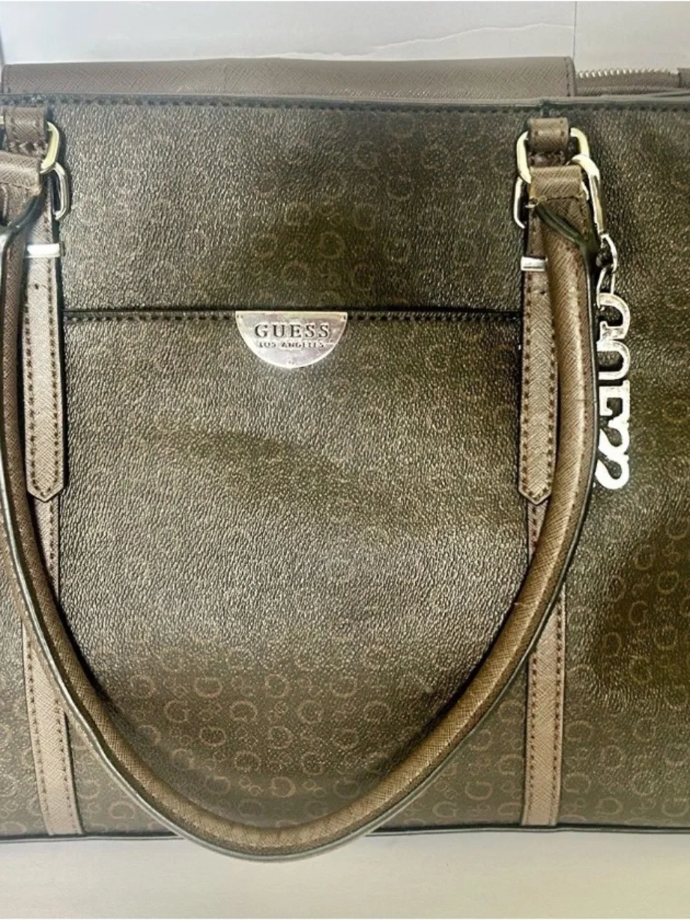 GUESS Brown Logo-Print Tote with Silver Logo Charm
